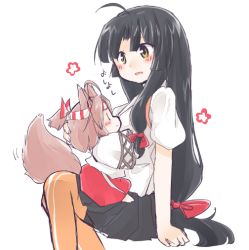 Rule 34 | 10s, 2girls, aged down, ahoge, animal ears, black hair, black skirt, brown hair, closed mouth, fox ears, fox tail, hachimaki, hair ribbon, headband, japanese clothes, kantai collection, kemonomimi mode, kenoka, long hair, low-tied long hair, multiple girls, pleated skirt, ponytail, red ribbon, ribbon, short ponytail, short sleeves, shorts, shouhou (kancolle), simple background, sitting, sitting on lap, sitting on person, skirt, sleeves past wrists, smile, tail, very long hair, white background, zuihou (kancolle), | |