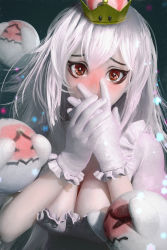 Rule 34 | 1girl, blush, boo (mario), breasts, cleavage, gloves, highres, large breasts, long hair, looking at viewer, luigi&#039;s mansion, mario (series), new super mario bros. u deluxe, nintendo, princess king boo, realistic, red eyes, ryan tien, super crown, upper body, white gloves, white hair