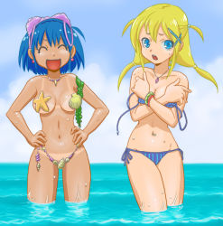 Rule 34 | 2girls, :d, bikini, blonde hair, blue eyes, blue hair, breast hold, breasts, cleavage, collarbone, covering privates, covering breasts, e-senmio, earrings, closed eyes, hands on own hips, jewelry, multiple girls, navel, necklace, open mouth, original, seaweed, shell, shell bikini, smile, starfish, starfish on breast, swimsuit, tan, tanline, wardrobe malfunction, water, wet