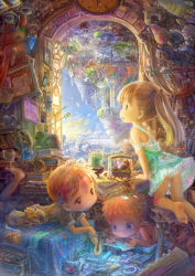 Rule 34 | 1girl, 2boys, barefoot, bed, bed sheet, blonde hair, blue eyes, book, buttons, calendar, calendar (object), cat, chair, child, clock, cloud, colorful, cup, doll, dress, feet, fish, highres, leaf, lying, map, multiple boys, on bed, on stomach, orange hair, original, panties, pantyshot, pen, pencil, petals, photo (object), red eyes, room, scenery, skirt, sky, soles, solex, star (symbol), teruterubouzu, toes, tree, tsukushi akihito, underwear