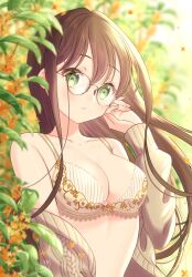 Rule 34 | 1girl, adjusting eyewear, blush, bra, breasts, brown hair, cardigan, cleavage, collarbone, commentary request, dated commentary, fingernails, floating hair, floral background, glasses, green eyes, highres, long hair, looking at viewer, medium breasts, open cardigan, open clothes, original, osumi izumi, parted lips, signature, solo, straight hair, underwear, undressing, wind, yellow bra, yellow cardigan