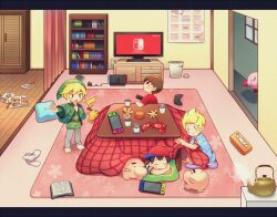 Rule 34 | 0mzum1, 4boys, :o, animal crossing, barefoot, baseball cap, black hair, blanket, blonde hair, blue eyes, blue shirt, blush, blush stickers, book, bookshelf, bow, brown eyes, brown hair, cable, calendar (object), closed eyes, closed mouth, commentary request, controller, creatures (company), crumpled paper, cup, curtains, cushion, doseisan, drawer, drawing (object), electrical outlet, flat screen tv, food, fruit, game controller, game freak, gen 1 pokemon, green eyes, green headwear, green jacket, green shirt, grey pants, handheld game console, hat, indoors, jacket, kirby, kirby (series), kotatsu, link, long sleeves, looking at another, lucas (mother 3), lying, mandarin orange, mother (game), mother 2, mother 3, mug, multiple boys, ness (mother 2), nintendo, nintendo switch, nintendo switch dock, nintendo switch pro controller, on stomach, open book, open clothes, open jacket, open mouth, orange peel, pants, paper, pencil, pikachu, pointy ears, pokemon, pokemon (creature), quiff, red bow, red headwear, red shirt, remote control, rug, shirt, short hair, short sleeves, sideways hat, sitting, sketchbook, sleeping, smile, socks, standing, steam, striped clothes, striped shirt, super smash bros., t-shirt, table, teapot, television, the legend of zelda, tissue box, toon link, trash can, trembling, two-tone shirt, u u, under kotatsu, under table, unworn socks, villager (animal crossing), whiskers, white socks, window, wooden floor, yellow shirt, zabuton