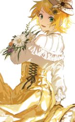 Rule 34 | 1girl, :d, bare shoulders, black ribbon, blonde hair, blurry, bouquet, butterfly hair ornament, depth of field, dress, flower, green eyes, hair ornament, hairclip, hat, hat flower, highres, holding, holding bouquet, kagamine rin, looking at viewer, looking back, open mouth, project sekai, ribbon, ribbon-trimmed dress, shirt, short hair, simple background, sketch, smile, solo, strapless, strapless dress, straw hat, swept bangs, white background, white shirt, yadu nadu, yellow dress