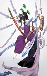 Rule 34 | androgynous, barefoot, black hair, cape, gender request, hakama, hakama skirt, highres, japanese clothes, jewelry, katana, long hair, lots of jewelry, magatama, multiple swords, nuda, ponytail, purple eyes, puzzle &amp; dragons, scabbard, sheath, skirt, sword, weapon, yomi (p&amp;d)