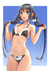 Rule 34 | 1girl, :o, bare arms, bare shoulders, bikini, black bikini, black hair, blue eyes, breasts, collarbone, commentary request, cowboy shot, earrings, front-tie bikini top, front-tie top, halterneck, hands up, highres, holding, holding own hair, jewelry, katahira masashi, long hair, looking at viewer, maid, maid bikini, navel, open mouth, original, sidelocks, small breasts, solo, swimsuit, twintails, two-tone background, unconventional maid, very long hair