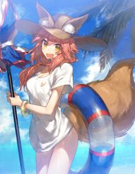 Rule 34 | 10s, 1girl, animal ears, bad id, bad twitter id, beach, breasts, chocoan, closed umbrella, cloud, day, ears through headwear, fang, fate/extra, fate/grand order, fate (series), fox ears, fox tail, innertube, long hair, looking at viewer, ocean, open mouth, outdoors, pink hair, shirt, sky, smile, solo, standing, swim ring, swimsuit, tail, tamamo (fate), tamamo no mae (fate/extra), tamamo no mae (swimsuit lancer) (fate), tamamo no mae (swimsuit lancer) (first ascension) (fate), umbrella, water, yellow eyes