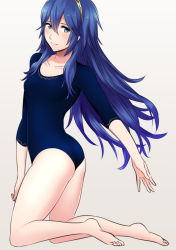 Rule 34 | 1girl, ameno (a meno0), ass, bare legs, barefoot, blue eyes, blue hair, blush, breasts, closed mouth, clothing request, collarbone, fire emblem, fire emblem awakening, grey background, hair between eyes, hair spread out, legs, leotard, long hair, looking at viewer, lucina (fire emblem), nintendo, sidelocks, simple background, small breasts, soles, solo, tiara