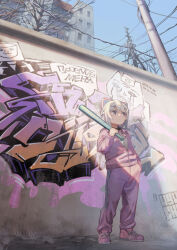 Rule 34 | 1girl, absurdres, baseball bat, blue sky, bow, building, day, finder oji-san, graffiti, hair bow, half up braid, hand in pocket, highres, holding, holding baseball bat, indie virtual youtuber, jacket, kyo mizusawa, official alternate costume, outdoors, over shoulder, pants, partially unzipped, pink footwear, pink jacket, pink pants, pink track suit, power lines, scenery, shirt, shoes, short hair, sky, sneakers, solo, standing, track jacket, track pants, utility pole, uyuyu-chang, virtual youtuber, weapon, weapon over shoulder, white bow, white hair, white shirt, wide shot