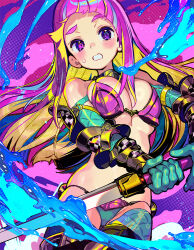 Rule 34 | 1girl, armor, bikini armor, blonde hair, blush, breasts, commentary request, gauntlets, gloves, green gloves, holding, holding sword, holding weapon, large breasts, looking at viewer, multicolored hair, onono imoko, original, pink hair, purple eyes, solo, sword, thighhighs, weapon