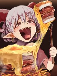 Rule 34 | 1girl, absurdres, blue vest, carving fork, cheese, curly hair, earrings, food, french fries, gomeifuku, highres, horizontal pupils, horn ornament, horn ribbon, horns, jewelry, red eyes, red horns, ribbon, sandwich, sharp teeth, sheep horns, solo, teeth, tongue, tongue out, touhou, toutetsu yuuma, uvula, vest, white hair