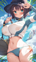 Rule 34 | 1girl, absurdres, bag, bikini, bikini top only, black hair, black hat, blue archive, blue eyes, blue jacket, blue sky, blush, breasts, closed mouth, cloud, commentary, cowboy shot, cropped jacket, day, halo, hat, highres, holding, holding bag, jacket, large breasts, long sleeves, looking at viewer, multicolored clothes, multicolored jacket, navel, saki (blue archive), saki (swimsuit) (blue archive), short hair, sky, solo, starfish, swimsuit, two-tone jacket, white jacket, yuk (pakyaru)
