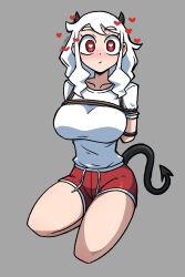 Rule 34 | 1girl, absurdres, black horns, blush, breasts, closed mouth, collarbone, demon girl, demon horns, demon tail, drawstring, full body, grey background, gym uniform, hashtag-only commentary, heart, heart-shaped pupils, helltaker, highres, horns, kneeling, large breasts, long hair, looking at viewer, modeus (helltaker), red eyes, red shorts, restrained, shirt, short shorts, short sleeves, shorts, sidelocks, simple background, sitting, solo, ssu ssong, symbol-shaped pupils, tail, thighs, white hair, white shirt