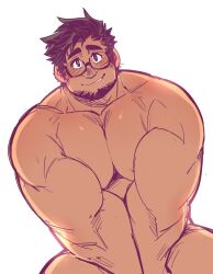 Rule 34 | 1boy, backlighting, bara, biceps, blush, completely nude, covering privates, covering crotch, dark-skinned male, dark skin, edwin (kokukokuboo), facial hair, from above, glasses, goatee, kokukokuboo, large pectorals, long sideburns, looking at viewer, male focus, mature male, muscular, muscular male, nude, original, pectoral squeeze, pectorals, puffy chest, short hair, sideburns, solo, stomach, thick eyebrows, unfinished, v arms