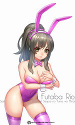 Rule 34 | 10s, 1girl, animal ears, bow, bowtie, breasts, brown eyes, brown hair, character name, cleavage, copyright name, cowboy shot, detached collar, fake animal ears, futaba rio, jurrig, large breasts, leotard, long hair, looking at viewer, pink bow, pink bowtie, pink leotard, pink thighhighs, playboy bunny, ponytail, rabbit ears, rabbit girl, rabbit tail, seishun buta yarou, simple background, solo, standing, strapless, strapless leotard, tail, thighhighs, watermark, web address, white background, wrist cuffs