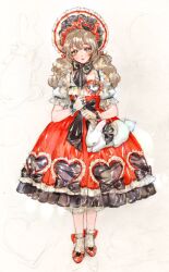 Rule 34 | 1girl, bag, black bow, blush, bonnet, bow, bow legwear, bowtie, brown hair, commentary request, dress, dress bow, footwear bow, frilled dress, frilled sleeves, frilled socks, frills, full body, glove bow, gloves, handbag, hat, heart, holding, korean commentary, lace trim, layered dress, lipstick, lolita fashion, long hair, looking at viewer, makeup, original, puffy short sleeves, puffy sleeves, rabbit, red bow, red dress, red footwear, red hat, red lips, ribbon, saelah andlus, shoes, short sleeves, socks, solo, standing, traditional media, wavy hair, white background, white gloves, white socks