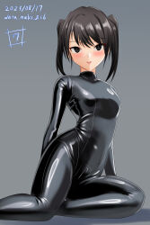 Rule 34 | 1girl, arm support, arms behind back, artist name, black bodysuit, black eyes, black hair, blush, bodysuit, breasts, catsuit, commentary, crotch zipper, dated, grey background, highres, kantai collection, latex, latex bodysuit, long sleeves, looking at viewer, medium breasts, medium hair, parted lips, sendai (kancolle), shadow, signature, simple background, sitting, skin tight, smile, solo, twitter username, two side up, wata nuki, yokozuwari, zipper