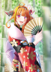 Rule 34 | 1girl, aboreen, ahoge, bamboo, bamboo forest, bandages, black hairband, blonde hair, blunt bangs, bow, bowtie, breasts, cleavage, day, detached collar, diagonal-striped bow, dragon girl, dragon horns, dragon tail, drill hair, fang, fangs, floral print, flower, forest, gem, hair flower, hair ornament, hair over shoulder, hair stick, hairband, hand fan, highres, holding, holding fan, hololive, horn bow, horn flower, horn ornament, horns, japanese clothes, jewelry, kanzashi, kimono, kiryu coco, kiryu coco (new year), large breasts, looking at viewer, multicolored hair, nature, off shoulder, official alternate costume, open mouth, orange hair, outdoors, pointy ears, purple eyes, red kimono, sarashi, scales, side drill, side ponytail, skin fang, skin fangs, skindentation, solo, standing, streaked hair, tail, upper body, virtual youtuber, yukata