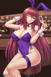 Rule 34 | 1girl, akitsuki karasu, animal ears, bare shoulders, blush, bow, bowtie, breasts, commentary request, cup, drinking glass, fake animal ears, fate/grand order, fate (series), fishnet pantyhose, fishnets, glass, highres, leotard, long hair, looking at viewer, official alternate costume, one eye closed, pantyhose, playboy bunny, purple hair, rabbit ears, rabbit girl, red eyes, scathach (fate), scathach (piercing bunny) (fate), shiny skin, sitting, smile, solo, tipsy, very long hair, wine glass, wrist cuffs