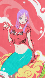 1girl blue_eyes breasts cloud commentary_request dragon_ball dragon_ball_(classic) english_text fins fish_tail flying_nimbus green_tail highres kanchiyo large_breasts limited_palette long_hair looking_at_viewer mermaid mermaid_(dragon_ball) monster_girl multicolored_eyes navel open_mouth purple_eyes purple_hair red_background red_shirt shirt side-tie_shirt signature sitting sleeves_rolled_up tail waving