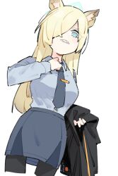 Rule 34 | 1girl, adjusting clothes, adjusting necktie, animal ear fluff, animal ears, black pantyhose, blonde hair, blue archive, blue eyes, blue shirt, blue skirt, breasts, clenched teeth, collared shirt, cropped legs, dog ears, hair over one eye, halo, highres, holding, holding clothes, holding jacket, jacket, kamo (kamonabe 44), kanna (blue archive), long hair, long sleeves, looking at viewer, medium breasts, necktie, notched ear, pantyhose, pencil skirt, sharp teeth, shirt, shirt tucked in, simple background, skirt, solo, teeth, white background