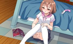 Rule 34 | 1girl, blush, book, brown eyes, brown hair, clara (together again), cleft of venus, dildo, dutch angle, game cg, highres, no panties, open book, open mouth, pink ribbon, pinktea, pussy, pussy juice, ribbon, school uniform, sex toy, short hair, solo focus, together again, white legwear