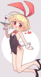 Rule 34 | 1girl, alcohol, animal ears, black footwear, black leotard, blonde hair, blush, cup, drinking glass, fake animal ears, fake tail, flat chest, heart, high heels, highres, holding, holding tray, kibisake, leotard, looking at viewer, open mouth, rabbit ears, rabbit tail, red eyes, rumia, short hair, smile, solo, strapless, strapless leotard, tail, touhou, tray, wine, wine glass