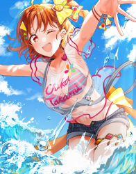Rule 34 | 1girl, ;d, absurdres, alternate costume, armpits, arms up, bikini, bikini under clothes, blue sky, blush, breasts, character name, cleavage, cloud, dutch angle, food-themed hair ornament, hair ornament, highres, love live!, love live! sunshine!!, medium breasts, naarann, ocean, one eye closed, open mouth, orange hair, orange hair ornament, see-through, short hair, sky, smile, solo, strap gap, striped bikini, striped clothes, swimsuit, swimsuit under clothes, takami chika, wading, water