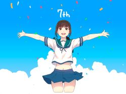 Rule 34 | 1girl, :d, \o/, anniversary, arms up, bare arms, black eyes, black hair, blue sky, blush, cloud, commentary request, confetti, cropped legs, fubuki (kancolle), highres, kantai collection, looking at viewer, low ponytail, midriff, navel, open mouth, outdoors, outstretched arms, pleated skirt, ponytail, school uniform, serafuku, short ponytail, sidelocks, skirt, sky, smile, solo, yuuji (and)