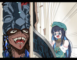 Rule 34 | 1boy, 1girl, beret, black eyes, black hair, blue hair, braid, camazotz (fate), crazy eyes, emphasis lines, evil smile, fate/grand order, fate (series), green headwear, hat, headdress, here&#039;s johnny! (meme), long hair, meme, multicolored hair, nick (pix425), open mouth, parody, red eyes, scared, scythe, sharp teeth, smile, sunglasses, tattoo, teeth, tenochtitlan (fate), tenochtitlan (second ascension) (fate), the shining, two-tone hair, wide-eyed