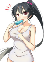 Rule 34 | 10s, 1girl, alternate costume, bad id, bad pixiv id, black hair, blush, breasts, cleavage, collarbone, food, kankitsunabe (citrus), kantai collection, large breasts, long hair, no pants, popsicle, red eyes, scrunchie, solo, very long hair, white background, yahagi (kancolle)