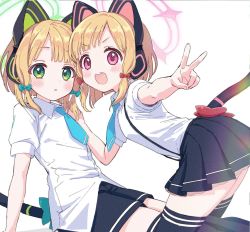 Rule 34 | 2girls, :d, animal ear headphones, aqua bow, black shorts, black skirt, black thighhighs, blonde hair, blue archive, blue necktie, blush, bow, cat ear headphones, collared shirt, fake animal ears, fake tail, green eyes, hair bow, halo, headphones, highres, looking at viewer, midori (blue archive), momoi (blue archive), multiple girls, necktie, open mouth, parted lips, pink eyes, pleated skirt, red bow, shirt, short sleeves, shorts, siblings, simple background, sisters, skirt, smile, suspenders, tail, tail bow, tail ornament, thighhighs, tibaridooor, twins, v, white background, white shirt