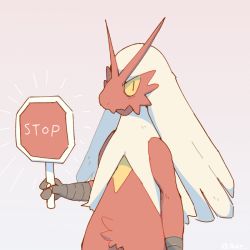 Rule 34 | 1boy, animal hands, arm at side, beak, bird boy, black eyes, blaziken, blonde hair, body fur, boke-chan, claws, closed mouth, colored sclera, creatures (company), english text, furry, furry male, game freak, gen 3 pokemon, gradient background, hand up, holding, long hair, looking at viewer, male focus, multicolored fur, nintendo, notice lines, pokemon, pokemon (creature), red background, red fur, road sign, sign, simple background, slit pupils, solo, standing, stop sign, upper body, yellow fur, yellow sclera