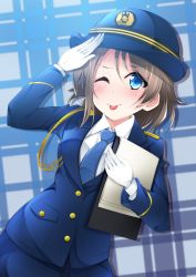 Rule 34 | 1girl, ;p, armband, belt, blue background, blue eyes, blue necktie, breasts, buttons, clipboard, female service cap, gloves, grey hair, hat, jacket, looking at viewer, love live!, love live! school idol festival, love live! sunshine!!, necktie, one eye closed, pencil skirt, police, police hat, police uniform, policewoman, salute, shimizu yuu, short hair, skirt, smile, solo, tongue, tongue out, uniform, watanabe you, white gloves