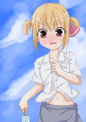 Rule 34 | 1girl, alternate costume, alternate hairstyle, casual, female focus, food, highres, navel, outdoors, popsicle, rumia, short twintails, skirt, sky, solo, sweat, touhou, twintails, you shugyouchuu