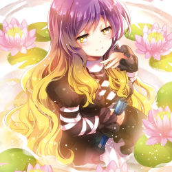 1girl blonde_hair blush female_focus flower gradient_hair hijiri_byakuren lily_pad long_hair looking_at_viewer multicolored_hair purple_hair smile solo touhou yamadori_ofuu yellow_eyes