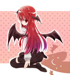 Rule 34 | 1girl, bad id, bad pixiv id, bat wings, female focus, head wings, koakuma, long hair, outlaw, red eyes, red hair, solo, embodiment of scarlet devil, thighhighs, touhou, unabara misumi, wings