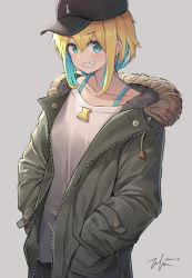 Rule 34 | 1girl, alternate costume, amano pikamee, blonde hair, blue eyes, blue hair, colored inner hair, commentary, english commentary, fur trim, green jacket, hands in pocket, highres, jacket, multicolored hair, short hair, smile, solo, tofumang, virtual youtuber, voms