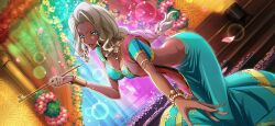 Rule 34 | 1girl, arabian clothes, armlet, artist request, bangle, blonde hair, blue eyes, blue gemstone, blue shirt, blue skirt, blurry, bokeh, bracelet, bracer, braid, breasts, cleavage, code geass, code geass: lost stories, crop top, curtains, dark-skinned female, dark skin, depth of field, earrings, facial mark, female focus, flower, forehead, forehead mark, game cg, gem, gold, gold trim, groin, half-closed eyes, hand up, happy, highres, holding, holding smoking pipe, jewelry, leaning forward, lipstick, long hair, long skirt, looking at viewer, makeup, medium breasts, navel, necklace, non-web source, official art, parted lips, petals, pink flower, rakshata chawla, reaching, reaching towards viewer, red gemstone, red lips, red shawl, see-through, shawl, shirt, short sleeves, sidelocks, single braid, skirt, smile, smoking pipe, solo, stairs, standing, stomach, teeth, v-shaped eyebrows, white flower, yellow flower