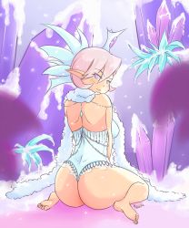 Rule 34 | 1girl, absurdres, ass, barefoot, blush, breasts, cat ice queen (nyanko daisensou), cave, crown, feet, highres, ice crystal, leotard, looking at viewer, maiini, nyanko daisensou, pointy ears, purple eyes, purple hair, sitting, snow, wariza