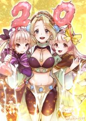 Rule 34 | 3girls, :d, anniversary, arm hug, atelier (series), atelier lydie &amp; suelle, atelier marie, between breasts, bike shorts, black shorts, black skirt, blonde hair, blue eyes, bow, breasts, brown capelet, capelet, cleavage, closed mouth, collarbone, cowboy shot, flask, girl sandwich, hair bow, holding, kachin, large breasts, long hair, looking at viewer, lydie marlen, marie (atelier), midriff, multiple girls, navel, open mouth, pink eyes, pink hair, purple bow, sandwiched, short hair, shorts, siblings, side ponytail, sisters, skirt, smile, striped, striped bow, suelle marlen, twins, yellow background, yellow bow