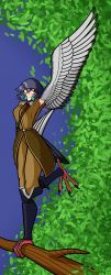 Rule 34 | 1girl, absurdres, animal feet, arm up, bird tail, blue hair, branch, feathered wings, feathers, grey feathers, grey wings, harpy, highres, monster girl, orange eyes, original, pollertry, solo, standing, standing on one leg, tail, twitter username, winged arms, wings