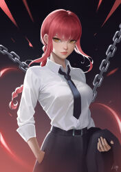 Rule 34 | 1girl, absurdres, belt, black belt, black necktie, black skirt, braid, breasts, brown eyes, chain, chainsaw man, commentary request, hand in pocket, highres, kouq98, large breasts, long hair, looking at viewer, makima (chainsaw man), necktie, pink lips, red hair, skirt, solo, upper body