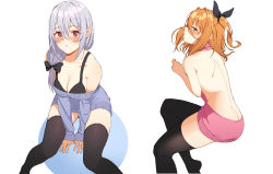 Rule 34 | 2girls, absurdres, arms between legs, backless dress, backless outfit, bad id, bad pixiv id, bare back, bare shoulders, black bra, black legwear, blue eyes, blue sweater, blush, bow, bra, butt crack, collarbone, cowboy shot, dress, goumudan, hair between eyes, hair bow, hair over shoulder, hair ribbon, highres, invisible chair, leaning forward, long hair, looking at viewer, low ponytail, meme attire, multiple girls, naked sweater, off-shoulder, off-shoulder sweater, off shoulder, one side up, orange hair, original, pantyhose, pink sweater, red eyes, ribbon, short hair, silver hair, simple background, sitting, sleeveless, sleeveless turtleneck, sweater, sweater dress, thighband pantyhose, thighs, turtleneck, turtleneck sweater, underwear, virgin killer sweater
