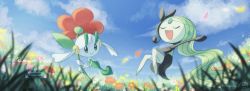 Rule 34 | :d, blurry, closed eyes, closed mouth, cloud, commentary request, creatures (company), day, floating, floette, floette (red flower), flower, game freak, gen 5 pokemon, gen 6 pokemon, grass, green hair, holding, holding flower, legendary pokemon, long hair, meloetta, mythical pokemon, nintendo, open mouth, outdoors, outstretched arm, petals, pokemon, pokemon (creature), punico (punico poke), sky, smile, tongue, |d