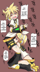 Rule 34 | 1boy, 1girl, blonde hair, blue eyes, blush, brother and sister, cum, cum in mouth, deepthroat, fellatio, hard-translated, hetero, incest, kagamine len, kagamine rin, oral, penis, saliva, serebi ryousangata, sforce, siblings, tears, text focus, third-party edit, translated, twincest, twins, vocaloid