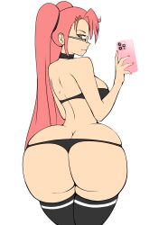 Rule 34 | 1girl, ass, bra, breasts, butt crack, choker, curvy, glasses, highres, highschool of the dead, holding, holding phone, huge ass, large breasts, long hair, looking at viewer, looking back, open mouth, orange eyes, panties, phone, pink hair, solo, takagi saya, thick thighs, thighhighs, thighs, tight clothes, twintails, underwear, wide hips, zonen404