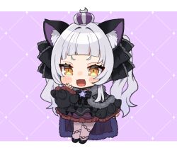 Rule 34 | 1girl, :3, :d, animal ears, black dress, black footwear, blunt bangs, blush stickers, cat ears, chibi, dress, full body, grey hair, grey pantyhose, hololive, long sleeves, looking at viewer, murasaki shion, murasaki shion (gothic lolita), noi mine, open mouth, pantyhose, shoes, smile, solo, twintails, v-shaped eyebrows, virtual youtuber, yellow eyes