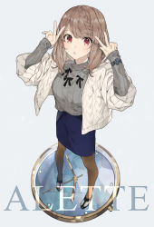 Rule 34 | 1girl, :o, arms up, blue skirt, blush, braid, brown hair, brown jacket, brown pantyhose, commentary request, full body, grey background, grey sweater, jacket, long hair, long sleeves, open clothes, open jacket, original, pantyhose, parted lips, pencil skirt, pocket watch, red eyes, ribbed sweater, shirako miso, simple background, skirt, sleeves past wrists, solo, standing, sweater, watch, wristwatch
