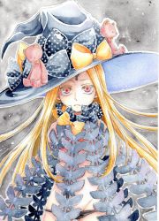 Rule 34 | 1girl, abigail williams (fate), abigail williams (second ascension) (fate), absurdres, black bow, black hat, black panties, blonde hair, bow, closed mouth, colored eyelashes, commentary, fate/grand order, fate (series), groin, hat, hat bow, highres, keyhole, long hair, looking at viewer, orange bow, panties, parted bangs, polka dot, polka dot bow, red eyes, renkon (syokpan), revealing clothes, solo, stuffed animal, stuffed toy, teddy bear, topless, traditional media, underwear, very long hair, witch hat