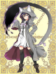 Rule 34 | 1girl, animal hood, armlet, black eyes, black hair, black thighhighs, blush, bow, brown footwear, cat hood, dress, full body, grey jacket, grey ribbon, hair between eyes, hood, hooded jacket, jacket, kerberos blade, long hair, looking at viewer, open clothes, open jacket, pengin guriko, ribbon, smile, solo, standing, tail, tail ornament, tail ribbon, thighhighs, white dress, yellow background